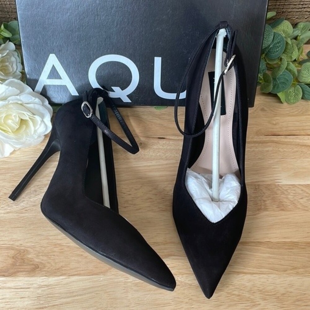 Aqua | Kailana Ankle Strap Pointed Toe Evening Heels | Black | Size 9